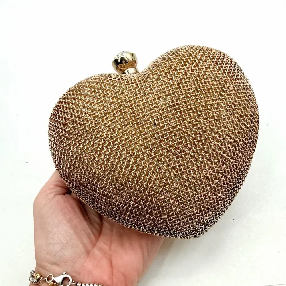 Heart Shaped Clutch Bag Gold Mesh Crossbody Small Evening Bag